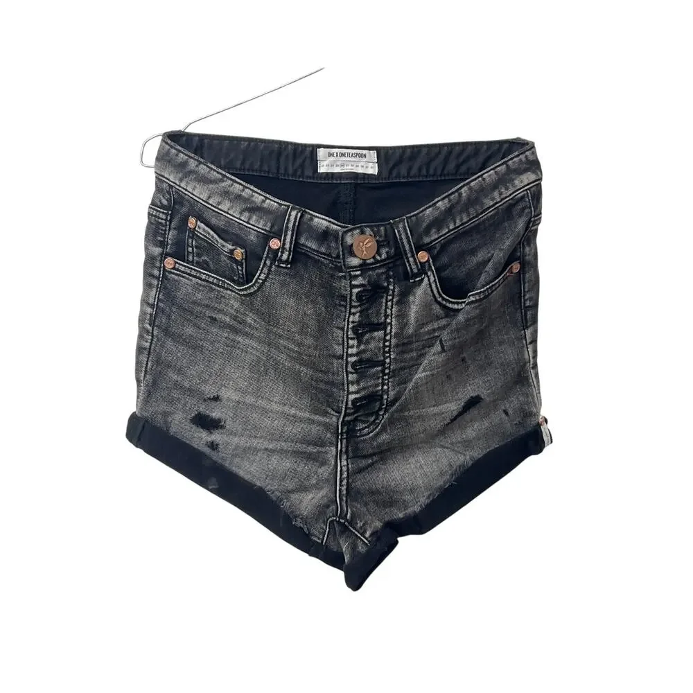NWT One Teaspoon Sz 26 Lovers Black Hart Button Fly Distressed Denim Jean Shorts